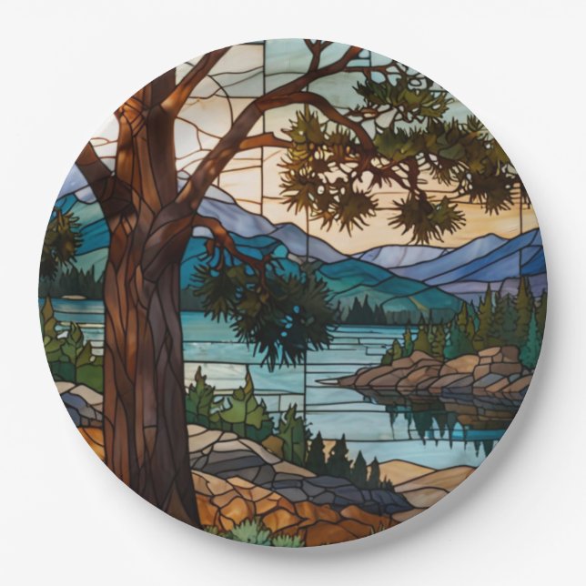 Rustic mountain range landscape stain glass  paper plate (Front)
