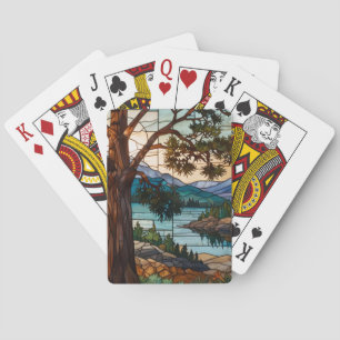 Rustic mountain range landscape stain glass playing cards