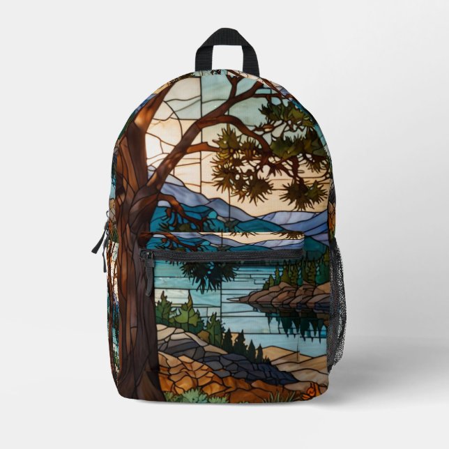 Rustic mountain range landscape stain glass  printed backpack (Front)