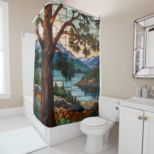 Rustic mountain range landscape stain glass  shower curtain (In Situ)