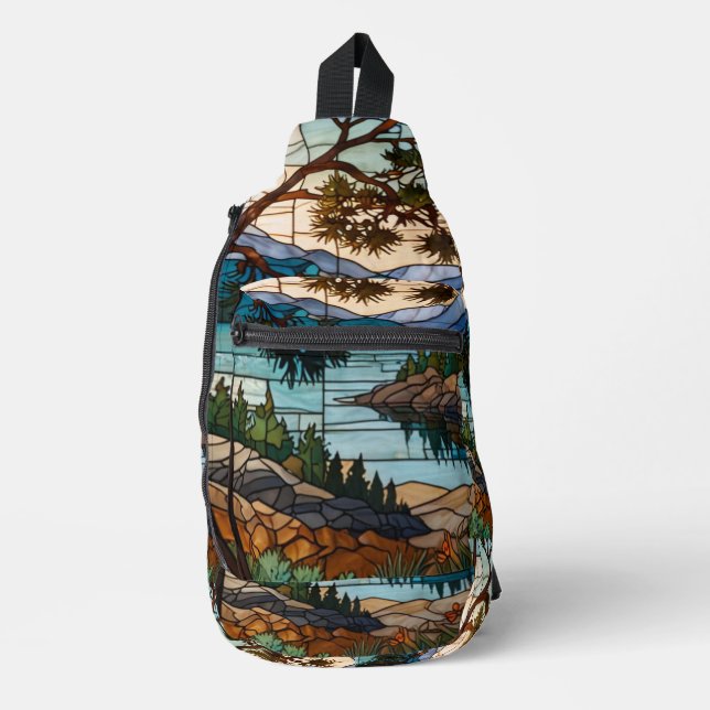 Rustic mountain range landscape stain glass  sling bag (Front)