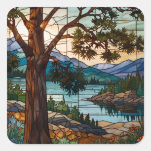 Rustic mountain range landscape stain glass  square sticker