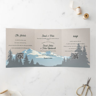 Rustic Mountain Range Pine Forest QR Code Wedding Tri-Fold Invitation