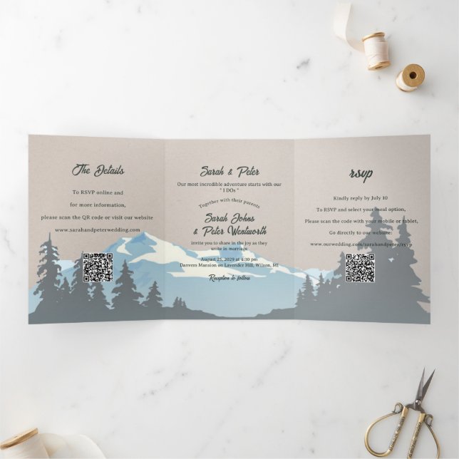 Rustic Mountain Range Pine Forest QR Code Wedding Tri-Fold Invitation (Inside)