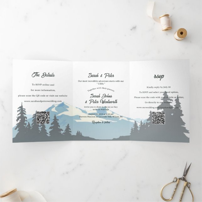 Rustic Mountain Range Pine Forest QR Code Wedding Tri-Fold Invitation (Inside)