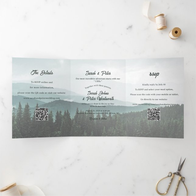 Rustic Mountain Range Pine Forest QR Code Wedding Tri-Fold Invitation (Inside)