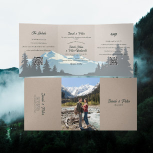 Rustic Mountain Range Pine Forest QR Code Wedding Tri-Fold Invitation