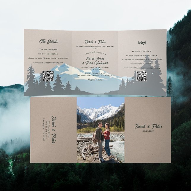 Rustic Mountain Range Pine Forest QR Code Wedding Tri-Fold Invitation (Creator Uploaded)