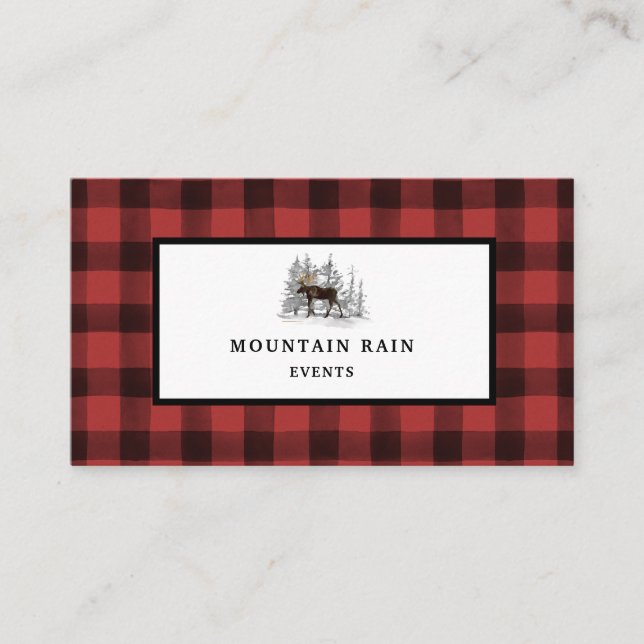 Rustic Mountain Red Black Plaid Check Moose 2 Business Card (Front)
