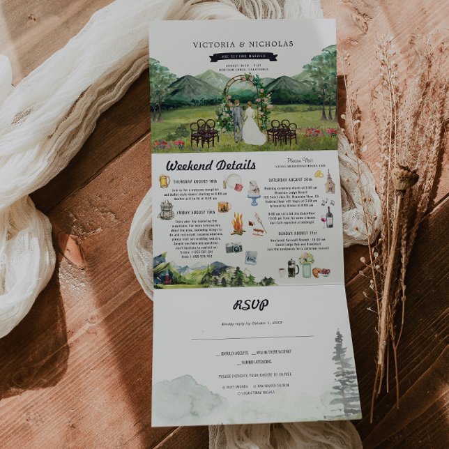 Rustic Mountain River Forest | Illustrated Wedding Tri-Fold Invitation (Creator Uploaded)