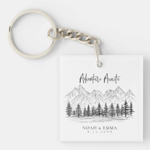 Rustic Mountain Sketch Woodland Pine Wedding Key Ring