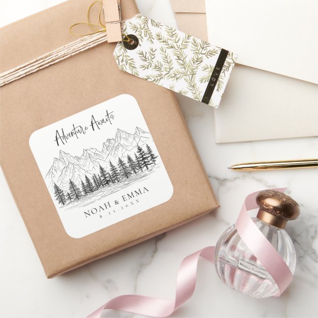 Rustic Mountain Sketch Woodland Pine Wedding Square Sticker (Gifting)
