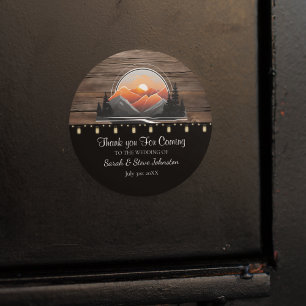 Rustic Mountain Valley Forest Sunset Wedding Favou Classic Round Sticker