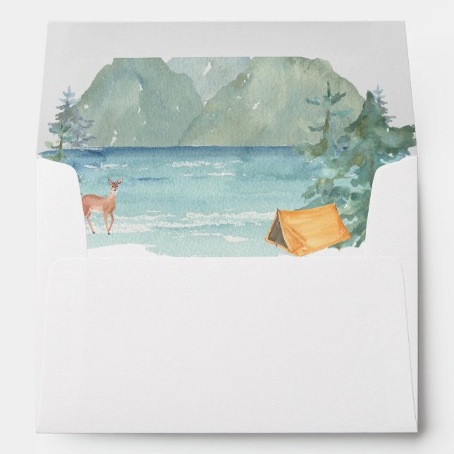 Rustic Mountain Watercolor Adventure Begin Wedding Envelope (Back (Bottom))