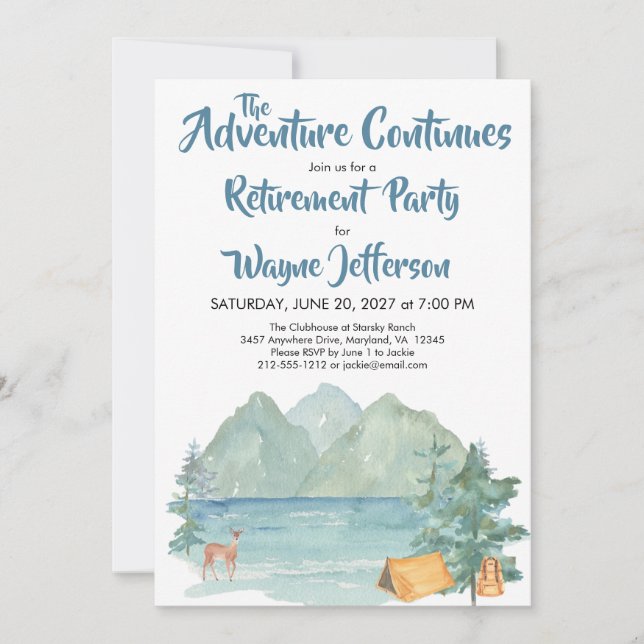 Rustic Mountain Watercolor Adventure Retirement  Invitation (Front)