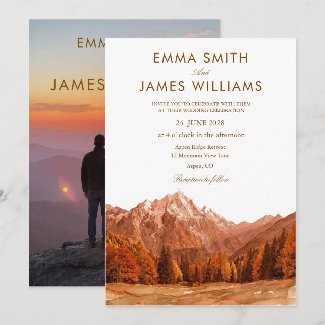 Rustic mountain watercolor terracotta simple Invitation (Front/Back)