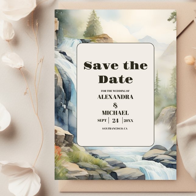 Rustic Mountain Waterfall Boho Wedding Save The Date (Creator Uploaded)
