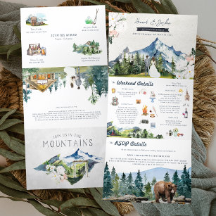 Rustic Mountain Wedding   Illustrated Tri-Fold Invitation
