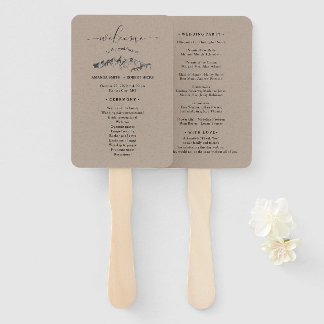 Rustic Mountain Wedding Program Hand Fan (Front and Back)