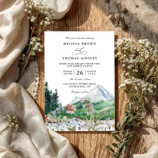 Rustic Mountain Wildflower Boho QR code Wedding Invitation (Creator Uploaded)