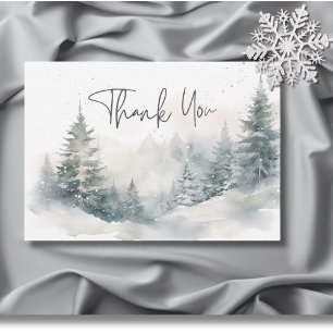 Rustic Mountain Winter Scene Watercolor Wedding Thank You Card