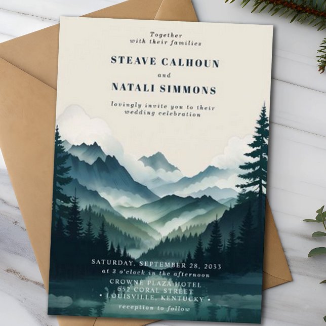 Rustic Mountain Wood Pine Tree Wedding Invitation (Creator Uploaded)
