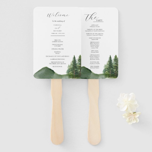 Rustic Mountain Woodland  Wedding Program Card Hand Fan (Front and Back)