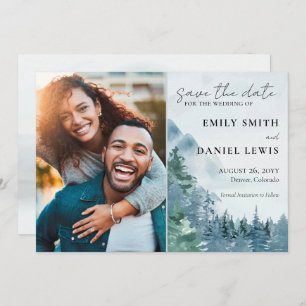 Rustic Mountains and Trees Watercolor Dusty Blue Save The Date