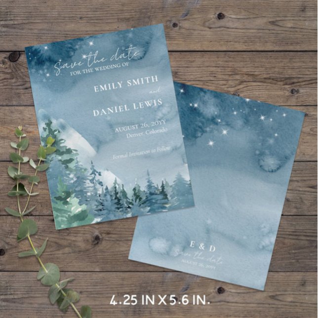 Rustic Mountains Blue Budget Save the Date Card (Dark Theme Budget-Friendly Rustic Mountain Wedding Save the Date (4.25 x 5.6 in))