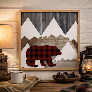 Rustic Mountains Buffalo Plaid Woodland Bear Poster