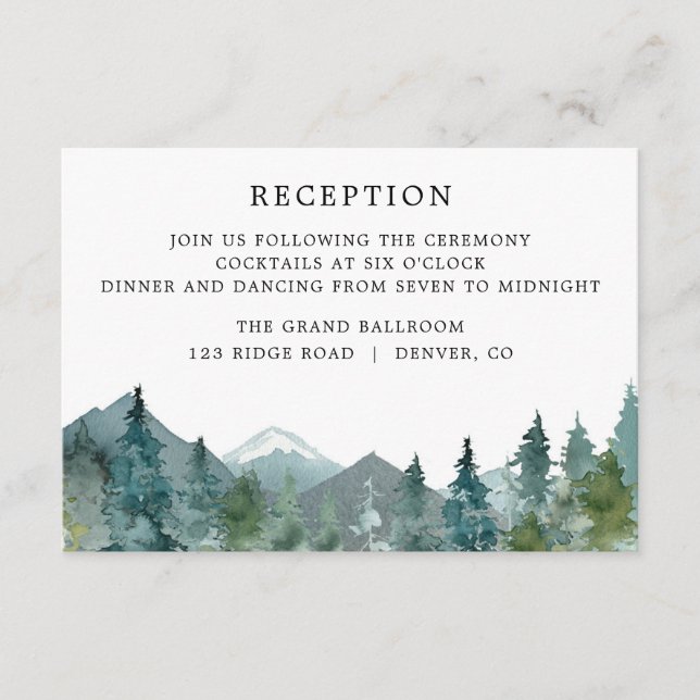 Rustic mountains forest trees reception enclosure card (Front)