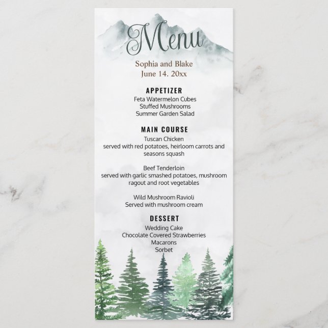Rustic Mountains & Forest Watercolor Flat Menu (Front)