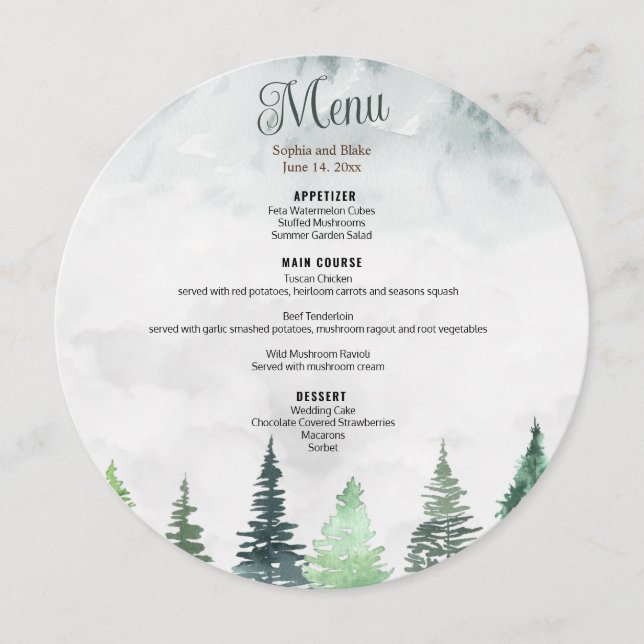 Rustic Mountains & Forest Watercolor Round  Menu (Front)