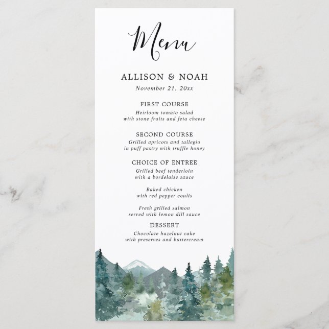 Rustic mountains forest watercolor wedding menu (Front)