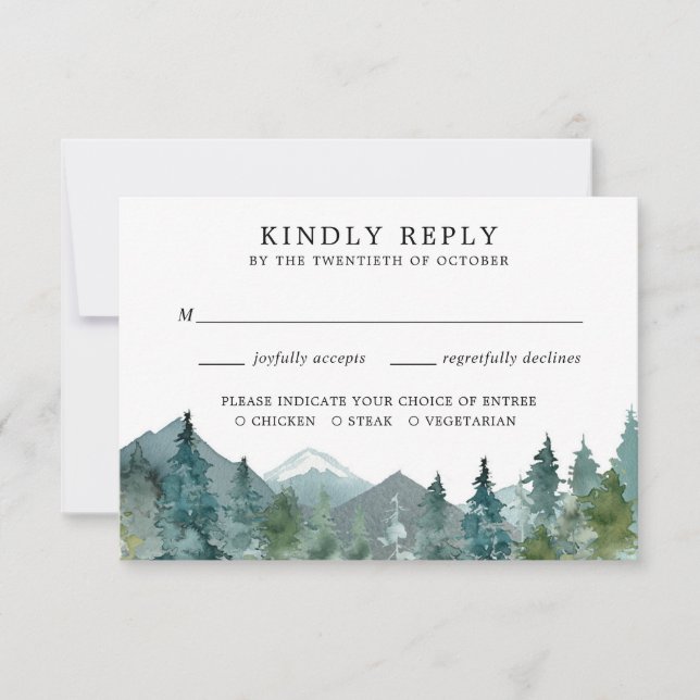 Rustic mountains forest woods wedding RSVP Card (Front)
