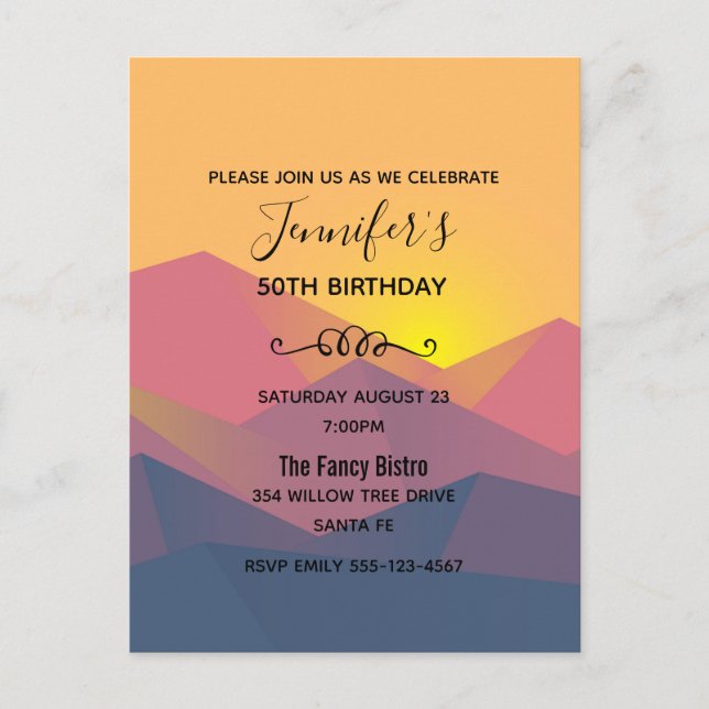 Rustic Mountains Geometric Minimalist Birthday Invitation Postcard (Front)
