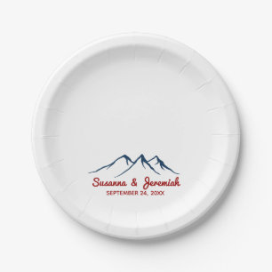 Rustic Mountains in Blue and Red Wedding Reception Paper Plate