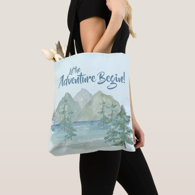 Rustic Mountains Let The Adventure Begin Blue  Tote Bag (Close Up)