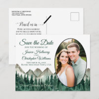 Rustic Mountains & Pine Oval Photo Save The Date
