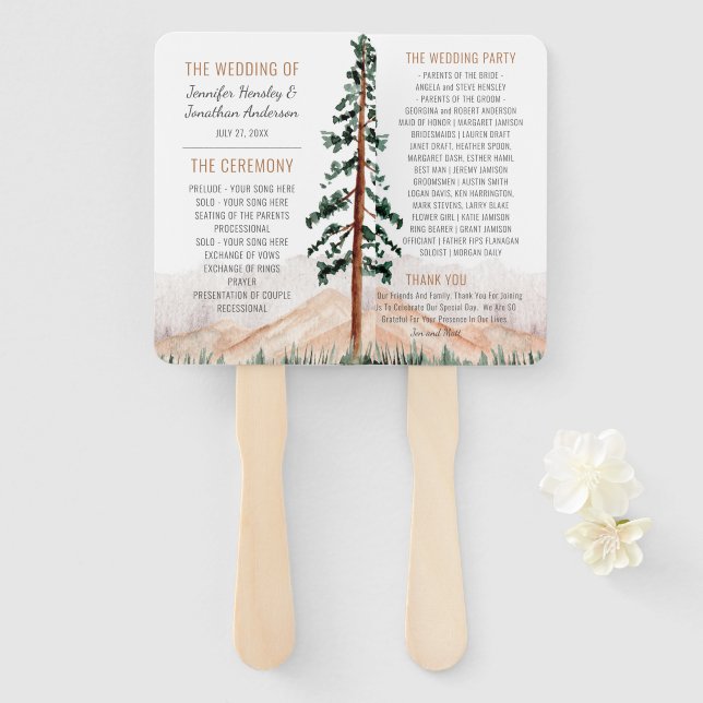 Rustic Mountains Pine Trees Fog Wedding Program Hand Fan (Front and Back)