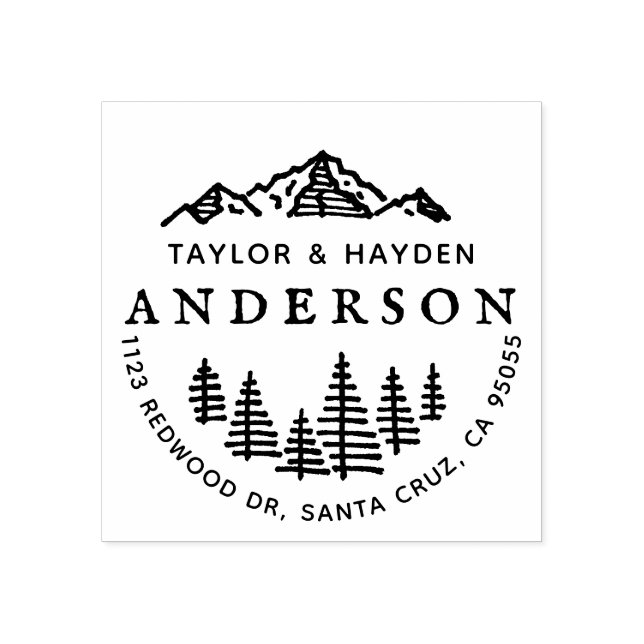 Rustic Mountains & Pines Sketch Couple's Address Rubber Stamp (Imprint)