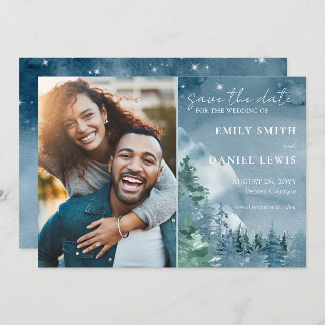 Rustic Mountains Watercolor Dark Dusky Blue Save The Date (Front/Back)