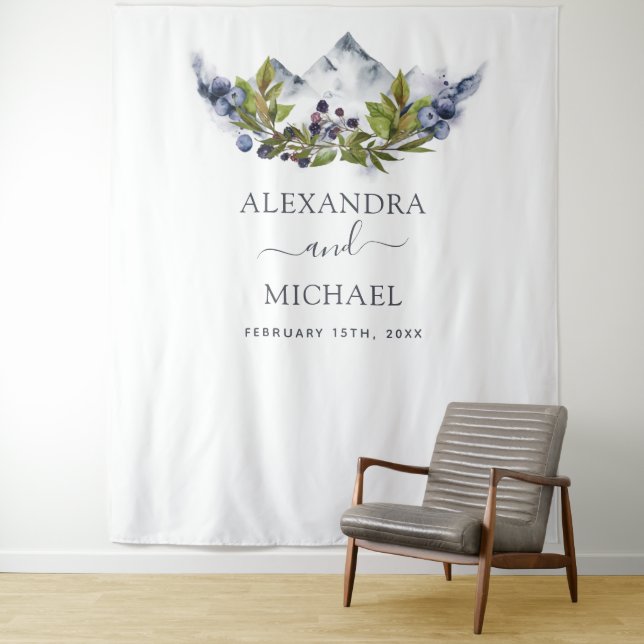 Rustic Mountains Watercolor Photo Booth Backdrop Tapestry (In Situ)