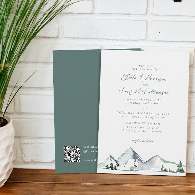 Rustic Mountains Watercolor QR Code Wedding Invitation (Rustic Mountains Watercolor QR Code Wedding Invitation)