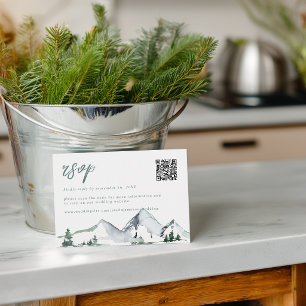 Rustic Mountains Watercolor Wedding QR Code RSVP Card