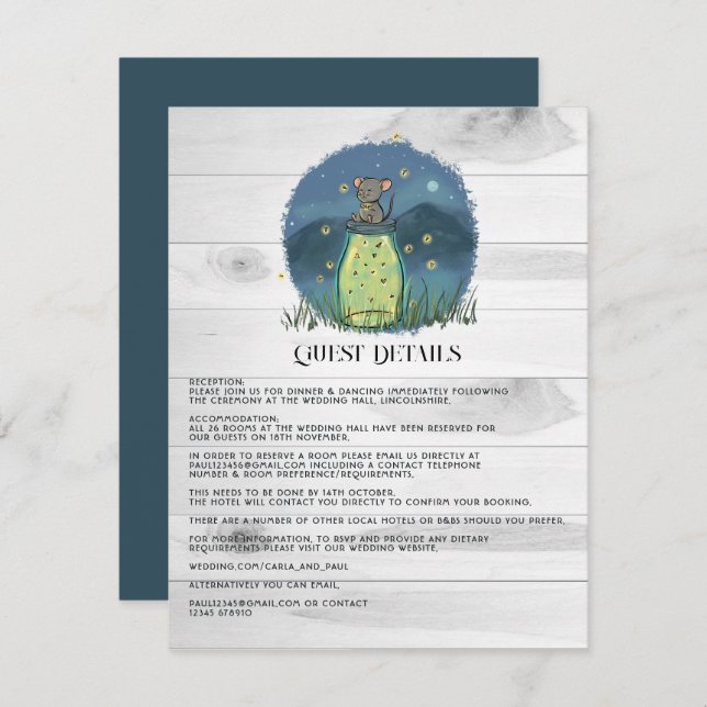 Rustic Mouse Firefly Mason Jar Guest Details Enclosure Card (Front/Back)