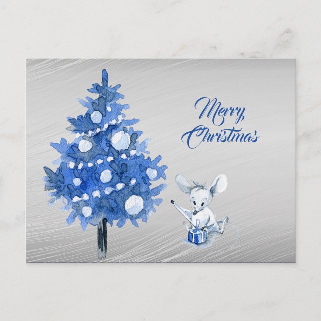 Rustic Mouse Package Blue Tree Christmas Postcard (Front)