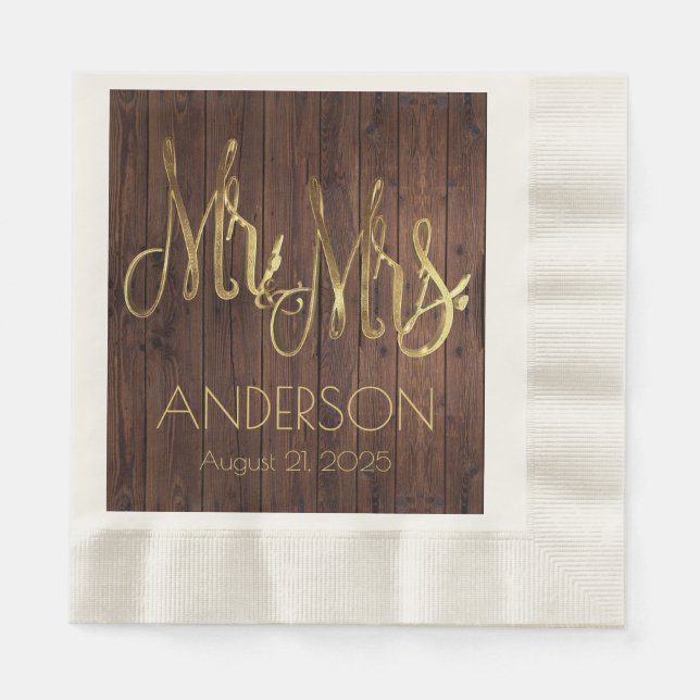Rustic Mr. and Mrs. Last Name Couple Wedding Date Napkin (Front)