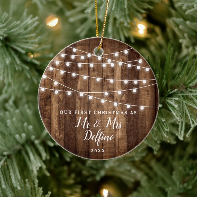 Rustic Mr and Mrs Personalised Wood String Lights Ceramic Ornament (Tree)