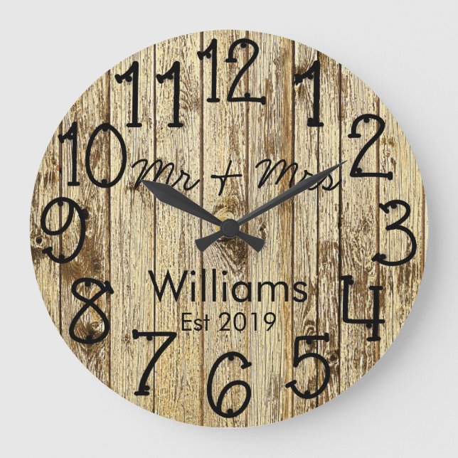 Rustic Mr and Mrs Wood Wedding Anniversary Large Clock (Front)